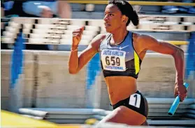  ?? John Storey / Special to The Chronicle ?? Alysia Montano runs the 1,600-meter relay at Cal’s Edwards Stadium.