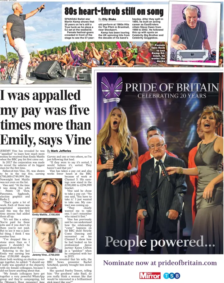  ?? Pictures: SPLASH ?? Emily Maitlis...£150,000 Jeremy Vine...£750,000 SPANDAU Ballet star Martin Kemp shows that 30 years on he’s still a True hunk as he plays a DJ set at the weekend.
Female festival-goers crowded in front of the stage to see the 57-yearheyday. After they split in 1990, he built an acting career as EastEnders villain Steve Owen from 1998 to 2002. He followed this up with spots on Celebrity Big Brother and Celebrity Gogglebox.
Female fans flock to see Kemp DJ. Inset, he works the decks