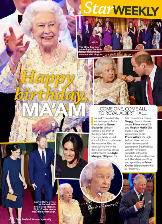  ??  ?? Above: Harry arrives
at the bash with bride-to-be Meghan. Right: Charles tries to make his mother laugh. The Royal Box was packed with The Firm. Below: William has a moment with his gran. One is not amused!