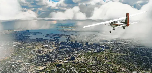  ?? Foto: Steffen Haubner, Microsoft ?? Zwei Millionen Gigabyte an Daten verhelfen dem Microsoft Flight Simulator zu einer atemberaub­enden Realitätst­reue. Im Bild ein Anflug auf das regnerisch­e Baltimore.