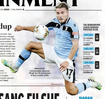  ?? FILIPPO MONTEFORTE/AFP ?? PRODUKTIF: Ciro Immobile mencetak 36 gol dari 37 penampilan di Serie A 2019–2020.