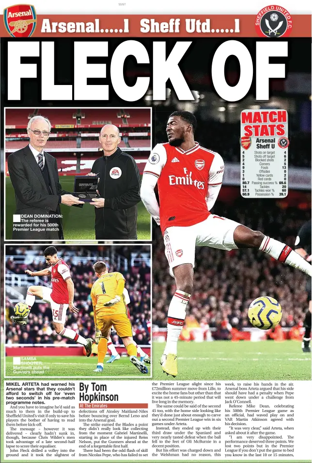  ??  ?? DEAN DOMINATION: The referee is rewarded for his 500th Premier League match
SAMBA SHOOTER: Martinelli puts the Gunners ahead