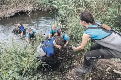  ?? Foto: Ángel García ?? Zehn junge Erwachsene arbeiten mit großem Einsatz für die Umwelt im Fluss.
