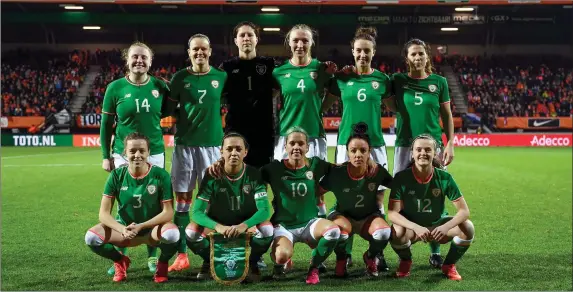  ??  ?? The Republic of Ireland team, back row, from left, Amber Barrett, Diane Caldwell, Marie Hourihan, Louise Quinn, Karen Duggan and Niamh Fahey with, front row, Harriet Scott, Katie McCabe, Denise O’Sullivan, Sophie Perry and Tyler Toland during the 2019...