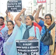  ?? —DEEPAK ?? CPM members protest at the RTC Crossroads on Saturday, seeking action against the accused in the gangrape of a minor girl. They held placards and raised slogans in public view.