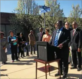  ?? DIGITAL FIRST MEDIA FILE PHOTO ?? The Rev. Horace Strand, executive manager of the Chester Stormwater Authority, announces low-interest loans at a May event in the city.