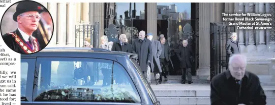  ?? KEVIN SCOTT ?? The service for William Logan, former Royal Black Sovereign Grand Master at St Anne’s
Cathedral From left, Arlene Foster and William Humphrey, and Alban Maginness and Martina Purdy. Right from top, Brian Kingston, Danny Kennedy and Jim Rodgers