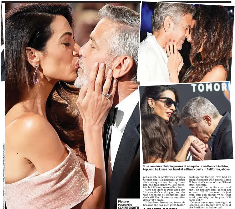  ??  ?? Sealed with a kiss: After they had declared their mutual adoration at the American Film Institute True romance: Rubbing noses at a tequila brand launch in Ibiza, top, and he kisses her hand at a Disney party in California, above