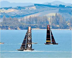  ??  ?? Strife on the ocean wave: Ineos and Luna Rossa in training off Auckland; (left) Sir Ben Ainslie