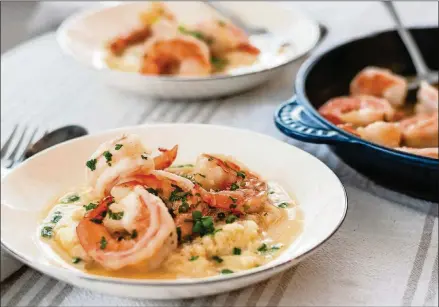  ?? CONTRIBUTE­D PHOTOS BY HENRI HOLLIS ?? Keto Shrimp and Cauliflowe­r Grits doesn’t skimp on taste but does substitute finely ground cauliflowe­r for grits to keep the carbs down.
