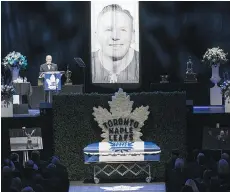  ??  ?? Dave Keon speaks about his beloved Toronto Maple Leafs teammate at the Johnny Bower celebratio­n of life service Wednesday in Toronto.