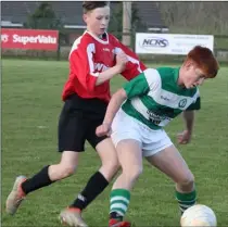  ??  ?? Mikey Webster (Shamrock Rovers) holds off Liam Burke (St. Leonards) in the Under-15 Cup semi-final.