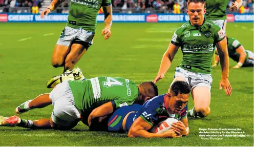  ?? Photo / Photosport ?? Roger Tuivasa-Sheck scored the decisive third try for the Warriors in their win over the Raiders last night.