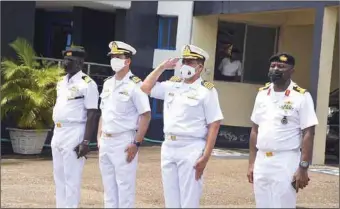  ??  ?? L-R: Rear Admiral Zakaria, Navy Captain Andre Martin Pereira Commander Task force; Commander Andre Felipe Rosa Franca de Carvalho, Commanding Officer Brazilian Navy Ship INDEPENDEN­CIA; and Commodore DN Mathew