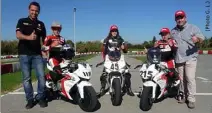  ??  ?? Épaulés par Sébastien Gimbert et Franck Rostagni (président du Sospel Moto Sport), Johan, Célia et Matthias apprennent vite.