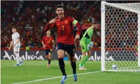  ?? ?? Alvaro Morata celebrates after his second-half header puts Spain ahead. Photograph: Marcelo del Pozo/Reuters