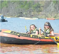  ??  ?? Lily and Poppy Kerr from Inverness enjoy a fine time out on Loch Morlich yesterday.