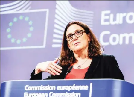  ?? ARIS OIKONOMOU/AFP ?? European Commission­er for Trade Cecilia Malmstrom speaks at the European Commission in Brussels on September 18. EuroCham has expressed ‘serious concerns’ over the EU removing the Kingdom’s access to its EBA scheme.