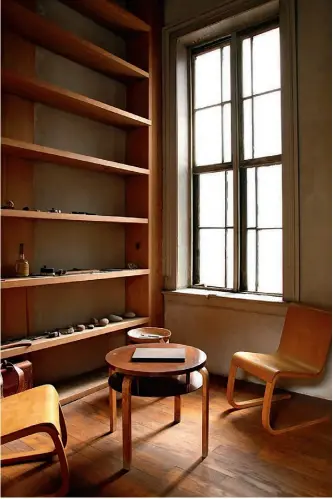  ??  ?? En la zona de biblioteca, en el tercer piso, sillas y mesas de Alvar Aalto y estantería hecha en madera diseño del artista donde todavía se almacenan sus herramient­as y coleccione­s.