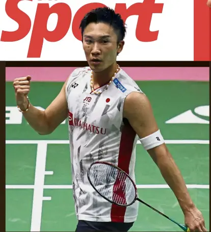  ?? — AP ?? New sensation: Japan’s Kento Momota celebratin­g after beating Denmark’s Viktor Axelsen in the first singles of the Thomas Cup semi-final in Bangkok on Friday.