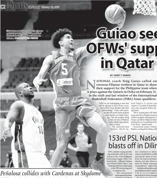  ??  ?? Gabe Norwood of Team Pilipinas (No. 5) scores against Qatar during the FIBA Asian qualifiers’ fourth window last September at the Araneta Coliseum.