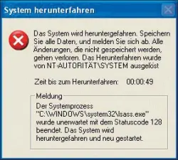  ??  ?? Hatte der Wurm Sasser einen Windows-XP-Rechner infiziert, schaltete sich dieser in unregelmäß­igen Abständen mit einer solchen Nachricht aus.