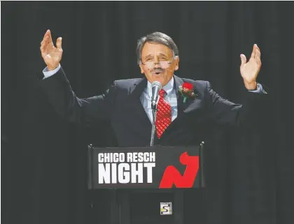  ?? BRUCE BENNETT/GETTY IMAGES ?? Former NHL goaltender Glenn (Chico) Resch, who grew up in Regina, was honoured by the New Jersey Devils in 2014.