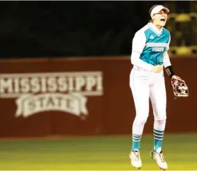  ??  ?? Mississipp­i State shortstop Madisyn Kennedy celebrates a moment during the 2020 softball season. (Photo by Laura Parsley, MSU Athletics, SDN file)