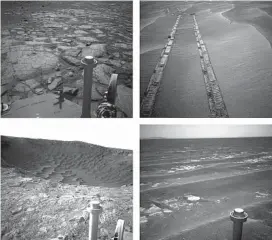  ??  ?? Scenes from Opportunit­y’s long drive on Mars. Clockwise from top left: a raised section of the western rim of Endeavour Crater; tracks along a sand ripple; a view of the plain after a drive in 2011; and the edge of Santa Maria crater.