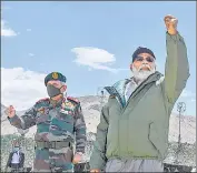  ?? PTI ?? PM Narendra Modi gestures during his visit to interact with soldiers in Nimu, Ladakh, on Friday.