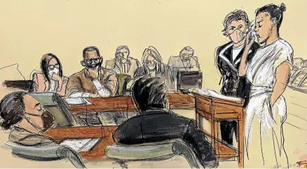  ?? AP ?? In this courtroom sketch, Lizzette Martinez, right, accompanie­d by her lawyer, Gloria Allred, speaks during R Kelly’s sentencing yesterday. Kelly and his lawyer, Jennifer Bonjean, are seated in the background left.