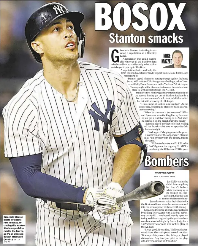  ?? AND AP GETTY ?? Giancarlo Stanton blasts two home runs Tuesday, including this Yankee Stadium special to right in the fourth, as it’s all smiles in dugout afterward (inset r.). MIKE MAZZEO