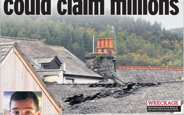  ??  ?? WRECKAGE Roof destroyed by the blaze at the men’s flat in Conwy in 2014