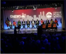  ?? AARON ONTIVEROZ — THE DENVER POST ?? Candidates sit on stage during a Denver mayoral debate at Mcauliffe Internatio­nal School on Tuesday.