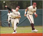 ?? Heath Waldrop/Special to the News-Times ?? Throwing home: In this file photo, South Arkansas College second baseman Trace Shoup, a former Parkers Chapel standout, sends a ball to home plate in a game during the 2023 season while shortstop Clay Burrows looks on.