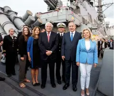  ??  ?? Netanyahu (second right) and wife Sara with US Ambassador to Israel David Friedman on the USS Ross at the Ashdod port, Israel. — Reuters photo