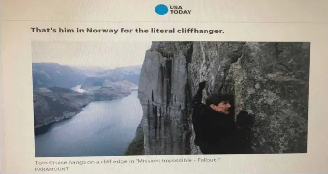  ?? SKJERMDUMP ?? Fra artikkelen USA Today nylig skrev om Preikestol­en.