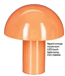  ?? ?? Ngami orange mushroom LED touch table lamp, £22, Habitat.