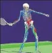  ??  ?? Computer generated illustrati­on shows the muscular and skeletal system of a tennis player while playing a shot. Players wear special suits with 17 sensors including one on the racquet that capture and transmit data to a computer.