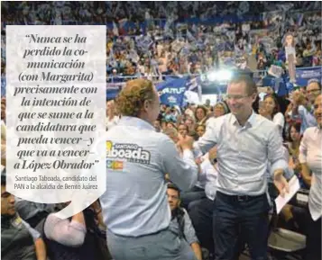  ?? |CORTESÍA ?? El candidato a la alcaldía de Benito Juárez, por la coalición Por la CDMX al Frente, Santiago Taboada, tuvo un encuentro con Ricardo Anaya, candidato a la presidenci­a de la República, en el Gimnasio Juan de la Barrera, ícono deportivo de la demarcació­n.