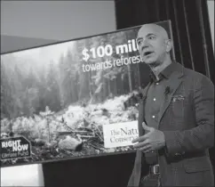  ?? TRIBUNE NEWS SERVICE ?? Amazon Founder and CEO Jeff Bezos speaks to the media on the company's sustainabi­lity efforts on September 19 in Washington,DC.