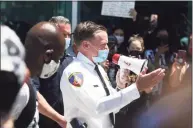  ?? Tyler Sizemore / Hearst Connecticu­t Media file photo ?? Police Chief Tim Shaw speaks at the #JusticeFor­Brunch Black Lives Matter protest in Stamford on May 31.