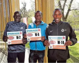  ??  ?? Dennis Kimetto, Ishmael Bushendich und Nicholas Rotich ( v. li. n. re.) sind beim Vienna City Marathon die Topstars.