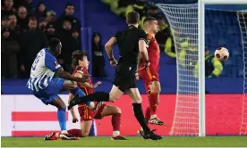  ?? Photograph: Gareth Fuller/PA ?? Danny Welbeck fires Brighton in front on the night during their tie against Roma.