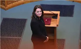  ?? AFP/Getty Images ?? Katalin Novák smiles after taking her oath on Thursday. Photograph: Attila Kisbenedek/