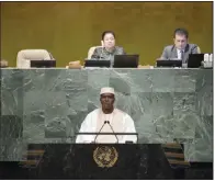  ?? (AP/Mary Altaffer) ?? Acting Prime Minister of Mali Abdoulaye Maiga addresses the 77th session of the United Nations General Assembly Saturday at U.N. headquarte­rs.