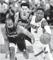  ?? Michael Laughlin / South Florida Sun-Sentinel ?? Victor Oladipo, right, scored 19 points in the Heat’s Game 2 victory and helped contain James Harden.