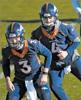  ?? DAVID ZALUBOWSKI/AP ?? Broncos QBs Drew Lock (3), Brett Rypien and Blake Bortles, not pictured, were disqualifi­ed for Sunday’s game.