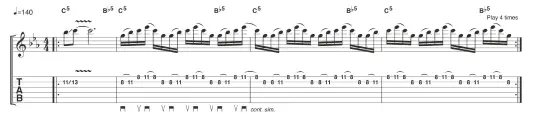  ?? ?? AFRIQUE VICTIME: REPEATING PENTATONIC LICKS
bit.ly/tg372audio
Moctar’s epic three-minute solo features repeating pentatonic scale licks, played over and again, and often jumbled up with other related patterns. Our example homes in on a classic six-note repeating phrase played in the C minor pentatonic scale. The rhythmic subdivisio­n here is 16th notes so the six-note pattern repeats on the offbeat every other time.