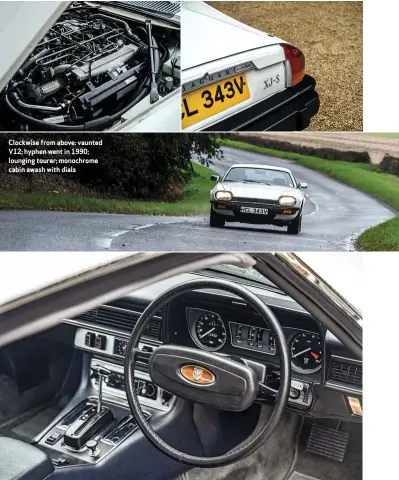  ??  ?? Clockwise from above: vaunted V12; hyphen went in 1990; lounging tourer; monochrome cabin awash with dials